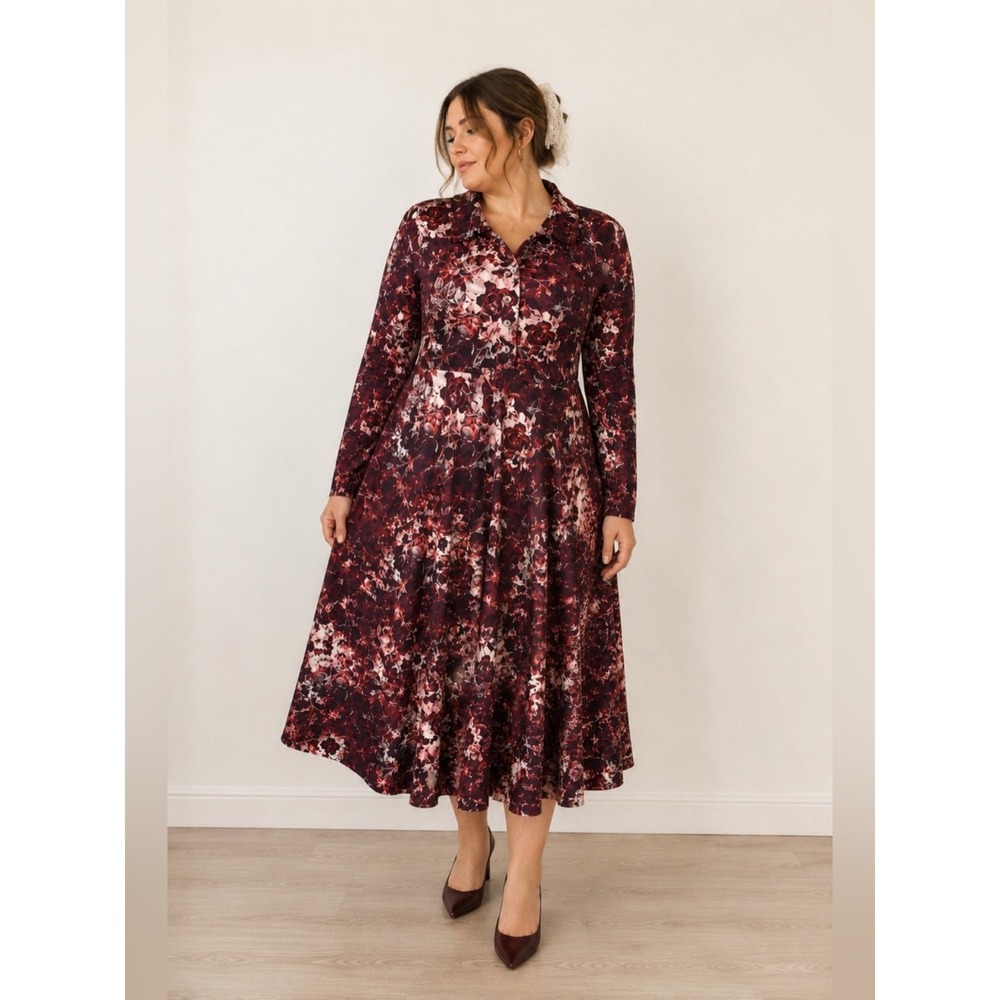 Dark Floral Fit & Flare Shirt Dress 1X NEW Cottage Trad Wife Modest Sustainable